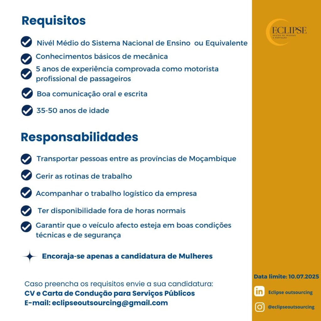 Vaga – Motorista Profissional de Passageiros (f)